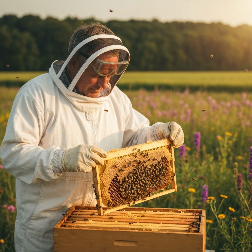 Beekeeper tending to hives